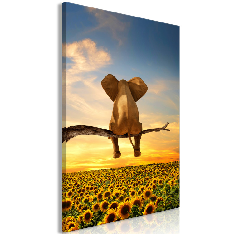 Canvas Elephant and Sunflowers (1-piece) Vertical - fantasy with a sunset 142681 additionalImage 2
