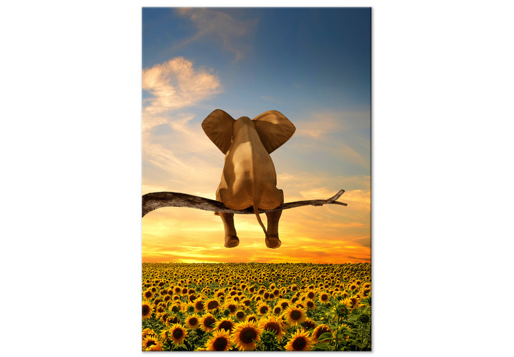 Canvas Elephant and Sunflowers (1-piece) Vertical - fantasy with a sunset 142681