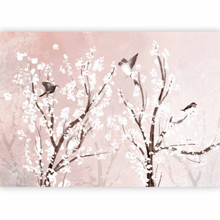 Photo Wallpaper Trees with white flowers - birds in branches in spring on pink background 144581 additionalImage 5