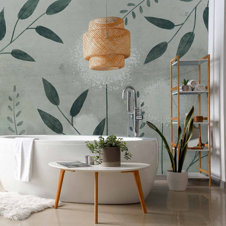 Wall Mural Abstract dandelions - green twigs with leaves on a patterned background 144681 additionalImage 8
