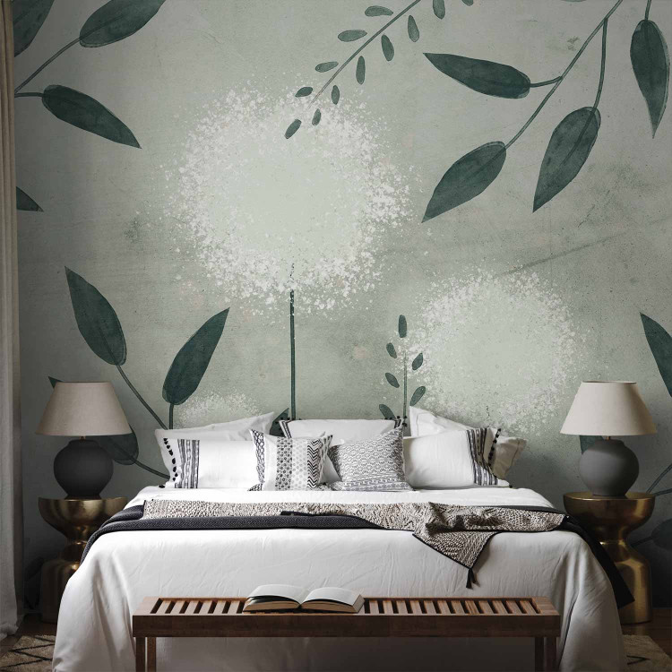 Wall Mural Abstract dandelions - green twigs with leaves on a patterned background 144681 additionalImage 2