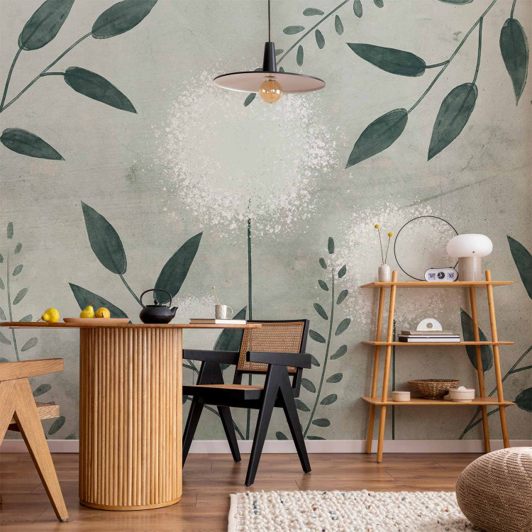 Wall Mural Abstract dandelions - green twigs with leaves on a patterned background 144681 additionalImage 6