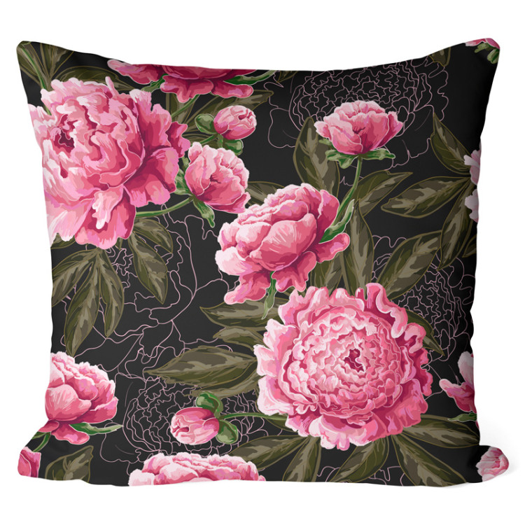 Decorative Microfiber Pillow Chinese peonies - floral motif in shades of pink on a dark background cushions 146881