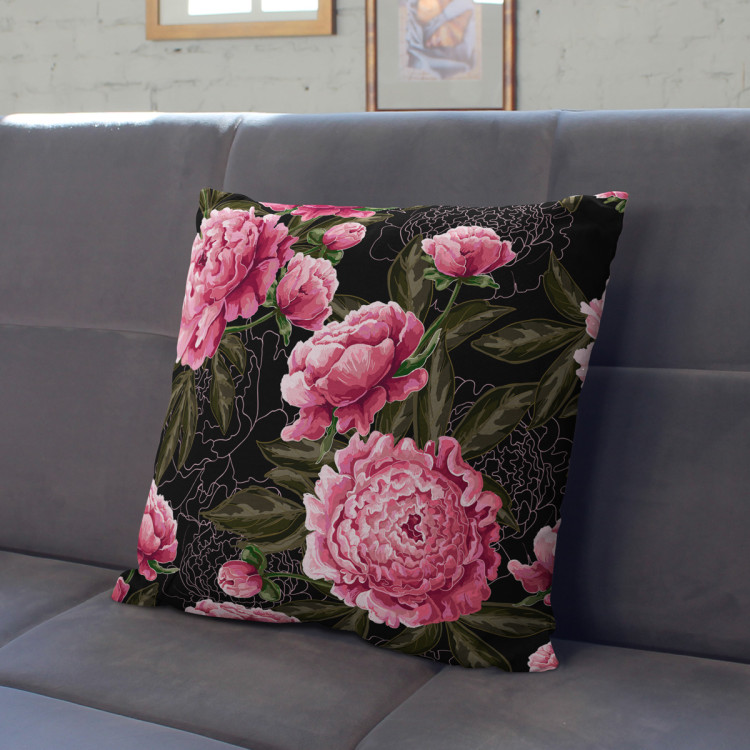 Decorative Microfiber Pillow Chinese peonies - floral motif in shades of pink on a dark background cushions 146881 additionalImage 2