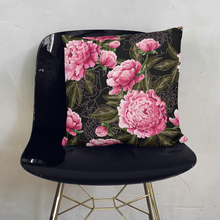 Decorative Microfiber Pillow Chinese peonies - floral motif in shades of pink on a dark background cushions 146881 additionalImage 3