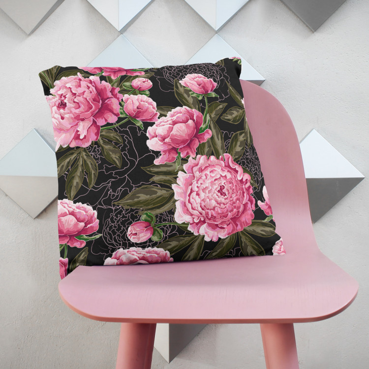 Decorative Microfiber Pillow Chinese peonies - floral motif in shades of pink on a dark background cushions 146881 additionalImage 6