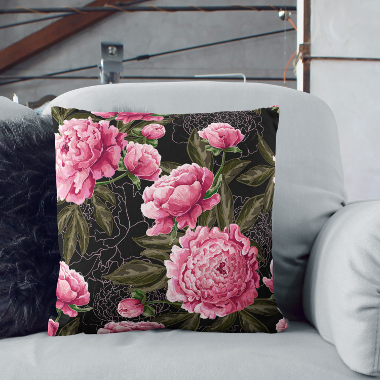 Decorative Microfiber Pillow Chinese peonies - floral motif in shades of pink on a dark background cushions 146881 additionalImage 5