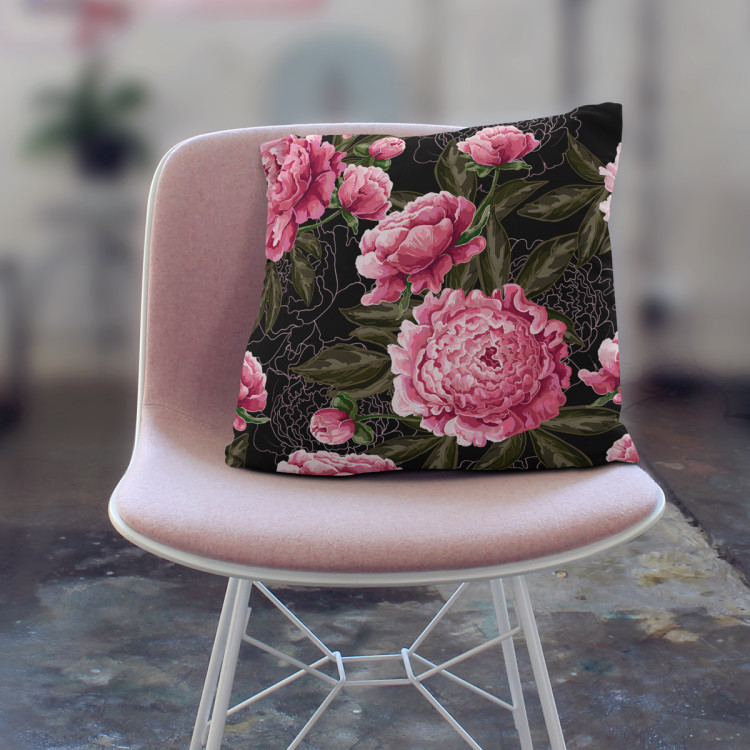 Decorative Microfiber Pillow Chinese peonies - floral motif in shades of pink on a dark background cushions 146881 additionalImage 4