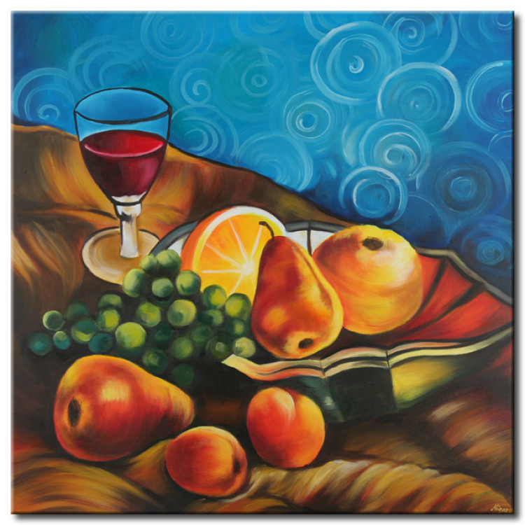 Canvas Print Nature with Fruits (1-piece) - pears and wine on a blue background 46681