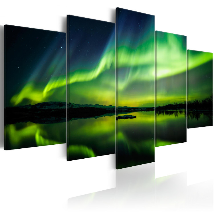 Canvas Art Print Night Glow (5-piece) - Sky with Green Aurora over Calm Sea 105191 additionalImage 2
