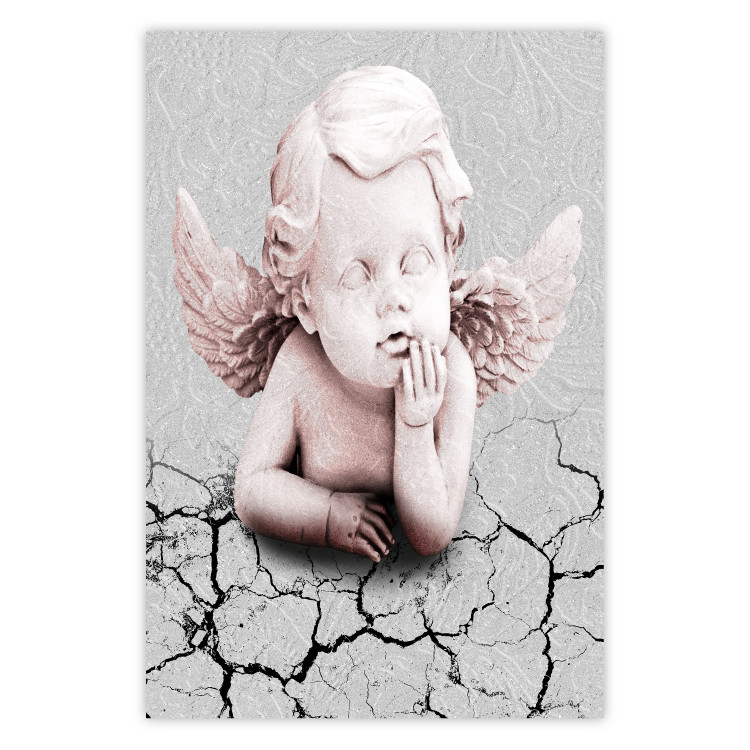 Wall Poster Angel - light pink figurine of a boy leaning on gray cracked earth 116791