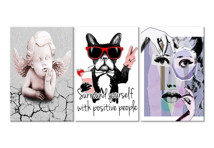 Canvas Print Positive Vibrations (3-part) - Portrait of an Angel, Dog, and Woman's Face 117091