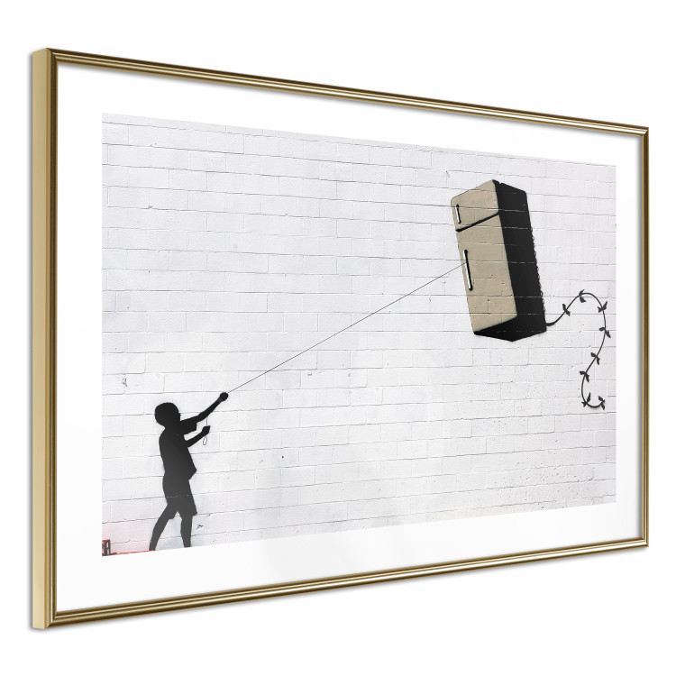 Wall Poster Flying Fridge - Banksy-style graffiti with a boy against a brick background 118791 additionalImage 6