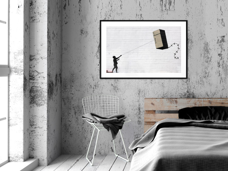 Wall Poster Flying Fridge - Banksy-style graffiti with a boy against a brick background 118791 additionalImage 4