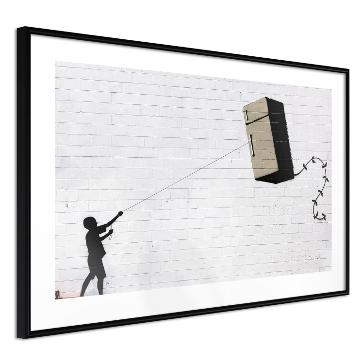 Wall Poster Flying Fridge - Banksy-style graffiti with a boy against a brick background 118791 additionalImage 11