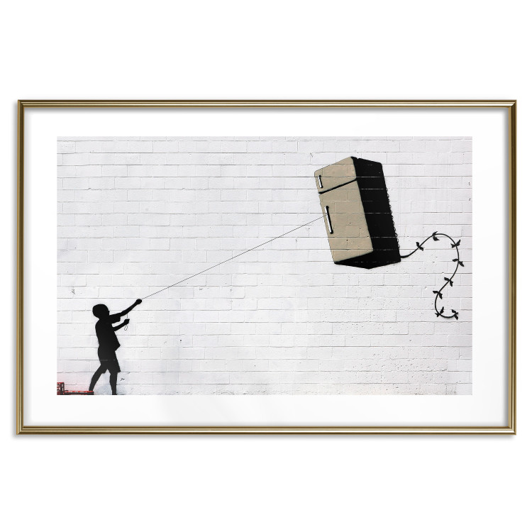 Wall Poster Flying Fridge - Banksy-style graffiti with a boy against a brick background 118791 additionalImage 14