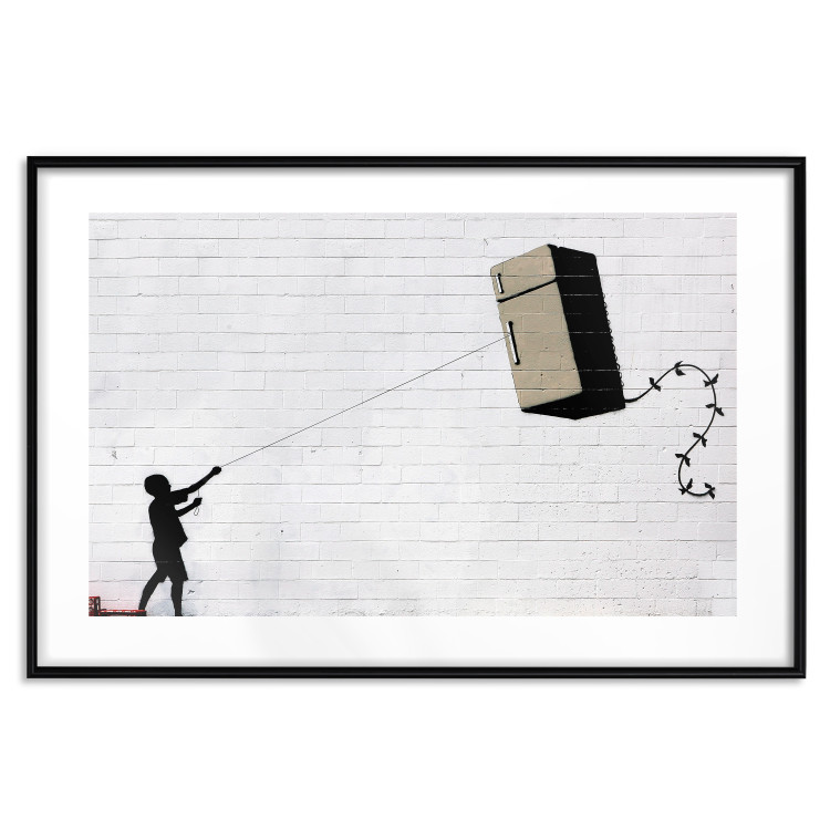 Wall Poster Flying Fridge - Banksy-style graffiti with a boy against a brick background 118791 additionalImage 15