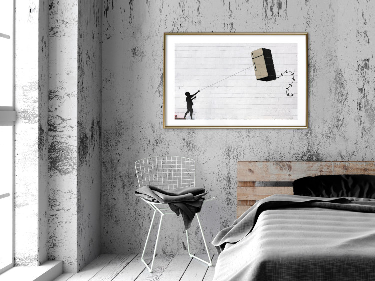 Wall Poster Flying Fridge - Banksy-style graffiti with a boy against a brick background 118791 additionalImage 13