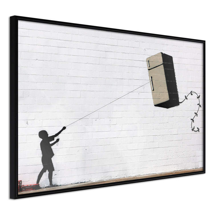 Wall Poster Flying Fridge - Banksy-style graffiti with a boy against a brick background 118791 additionalImage 10