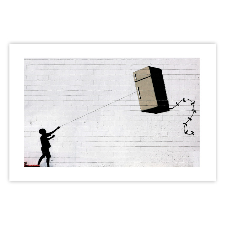 Wall Poster Flying Fridge - Banksy-style graffiti with a boy against a brick background 118791 additionalImage 19