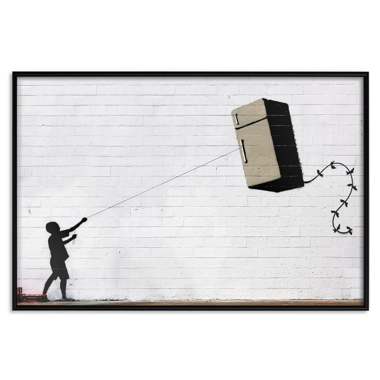 Wall Poster Flying Fridge - Banksy-style graffiti with a boy against a brick background 118791 additionalImage 18