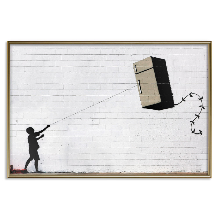 Wall Poster Flying Fridge - Banksy-style graffiti with a boy against a brick background 118791 additionalImage 20
