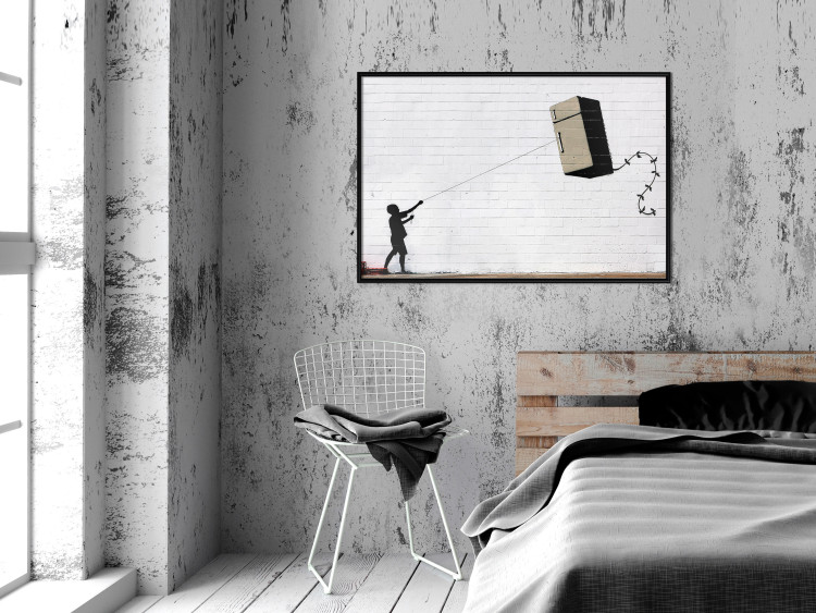 Wall Poster Flying Fridge - Banksy-style graffiti with a boy against a brick background 118791 additionalImage 3