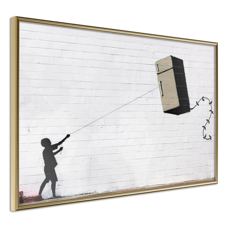 Wall Poster Flying Fridge - Banksy-style graffiti with a boy against a brick background 118791 additionalImage 12