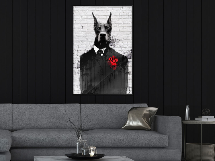 Poster Doberman in a Suit - an abstract black dog on a brick wall 130791 additionalImage 9