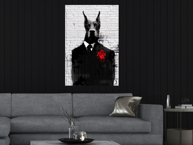 Poster Doberman in a Suit - an abstract black dog on a brick wall 130791 additionalImage 11