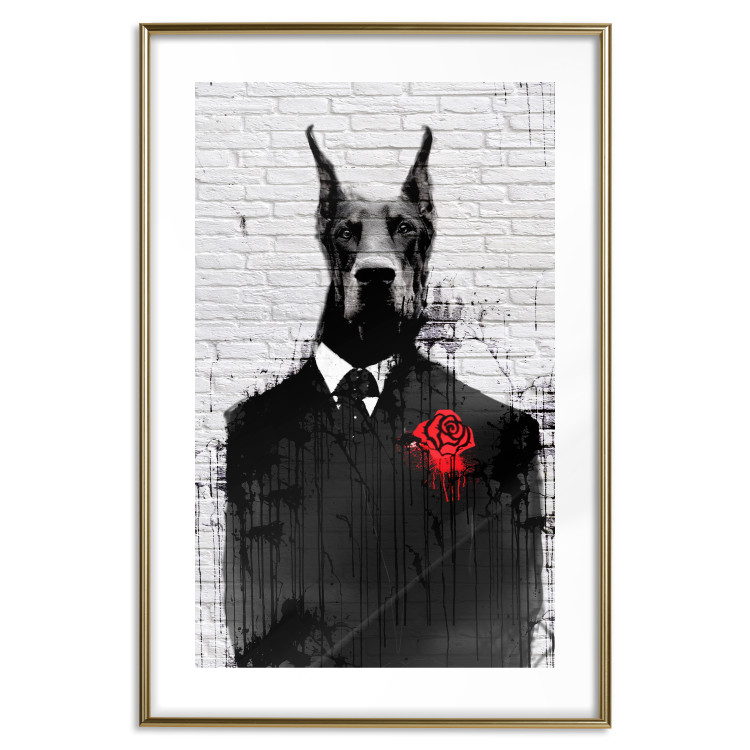 Poster Doberman in a Suit - an abstract black dog on a brick wall 130791 additionalImage 14