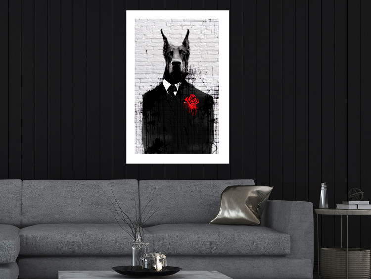 Poster Doberman in a Suit - an abstract black dog on a brick wall 130791 additionalImage 12