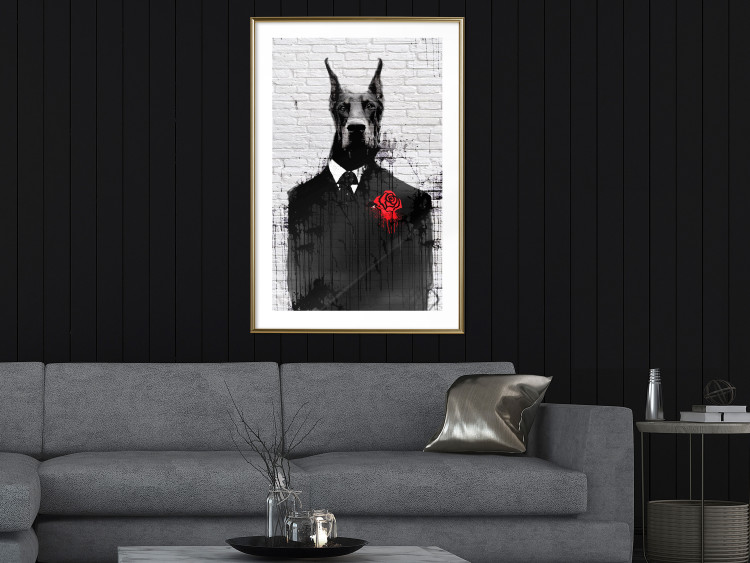 Poster Doberman in a Suit - an abstract black dog on a brick wall 130791 additionalImage 13