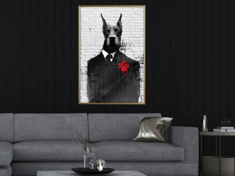 Poster Doberman in a Suit - an abstract black dog on a brick wall 130791 additionalImage 10