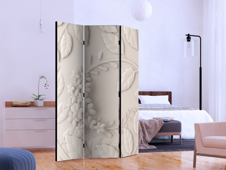 Room Separator Paper Flowers (Cream) - plant motif in 3D illusion on a beige background 133891 additionalImage 2