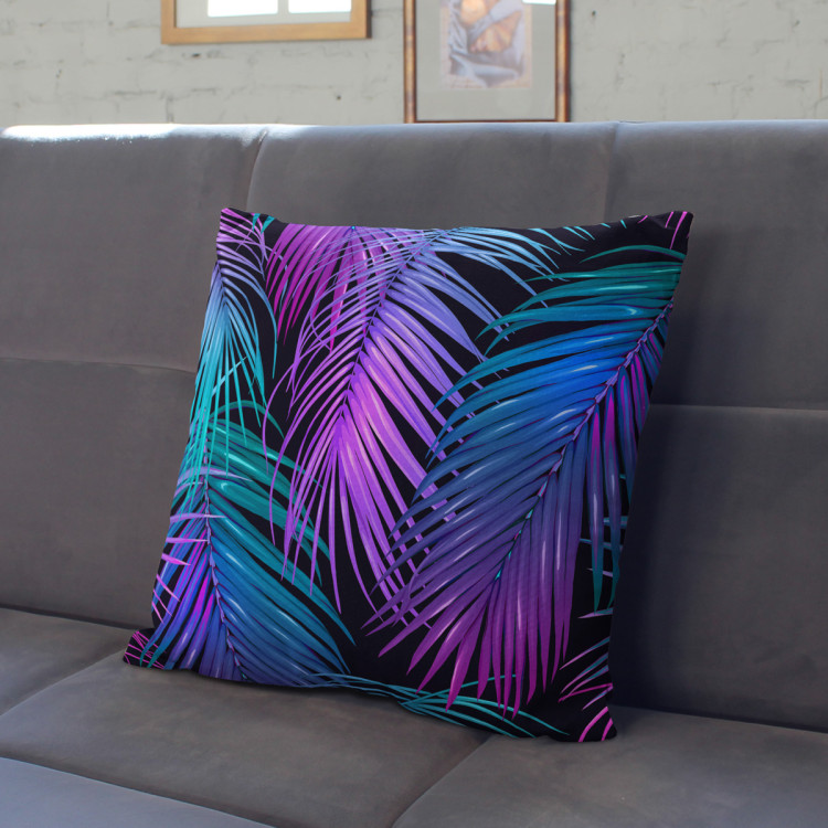 Decorative Microfiber Pillow Neon palm trees - floral motif in shades of turquoise and purple cushions 146891 additionalImage 6
