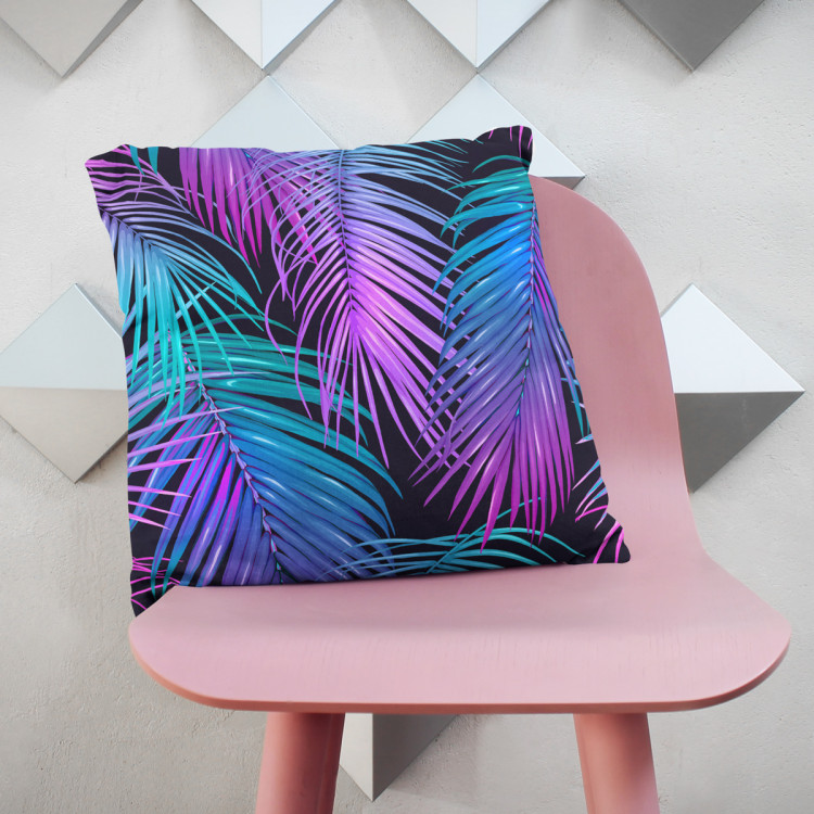 Decorative Microfiber Pillow Neon palm trees - floral motif in shades of turquoise and purple cushions 146891 additionalImage 4