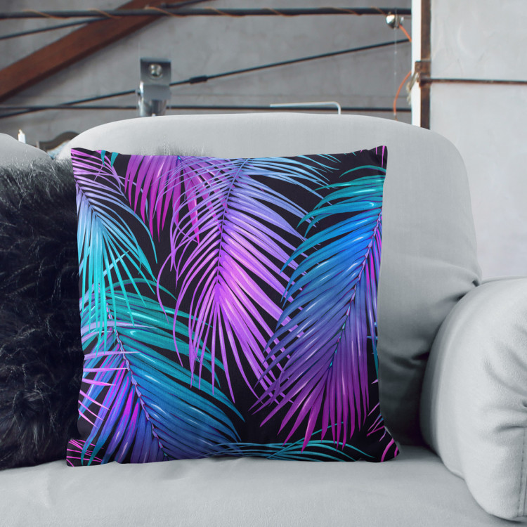 Decorative Microfiber Pillow Neon palm trees - floral motif in shades of turquoise and purple cushions 146891 additionalImage 2