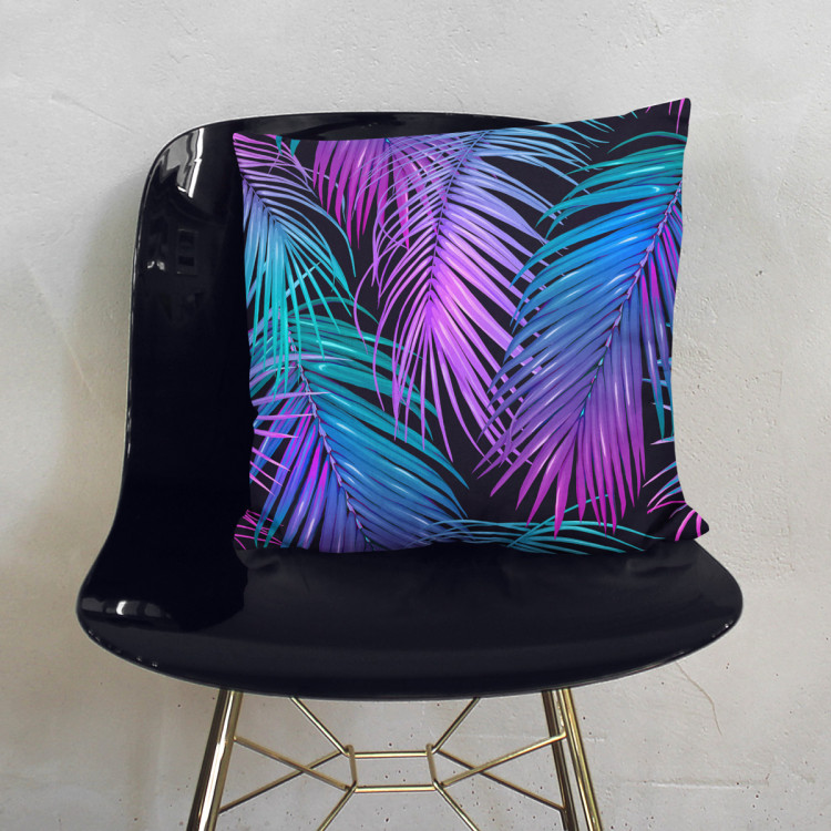 Decorative Microfiber Pillow Neon palm trees - floral motif in shades of turquoise and purple cushions 146891 additionalImage 5