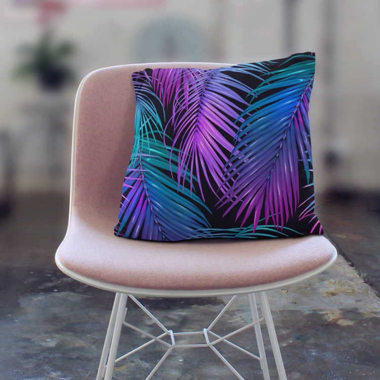 Decorative Microfiber Pillow Neon palm trees - floral motif in shades of turquoise and purple cushions 146891 additionalImage 3