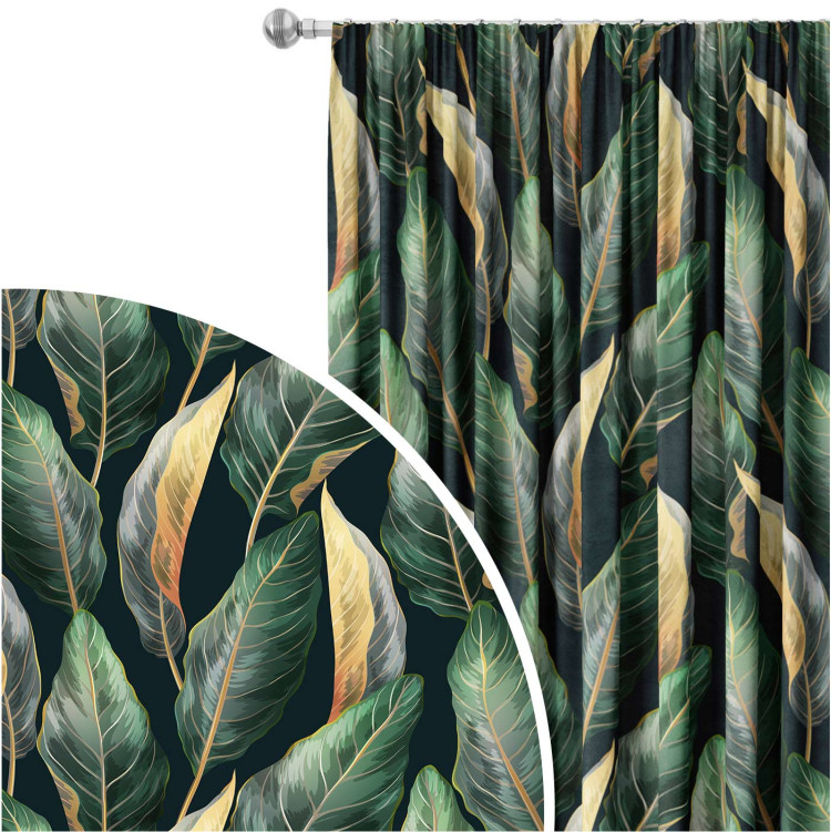 Decorative Curtain Gold-green leaves - a floral pattern 147291