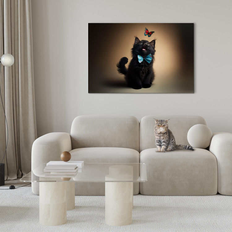 Canvas Print AI Cat - Animal in a Bow Tie Watching a Colorful Butterfly - Horizontal 150191 additionalImage 3