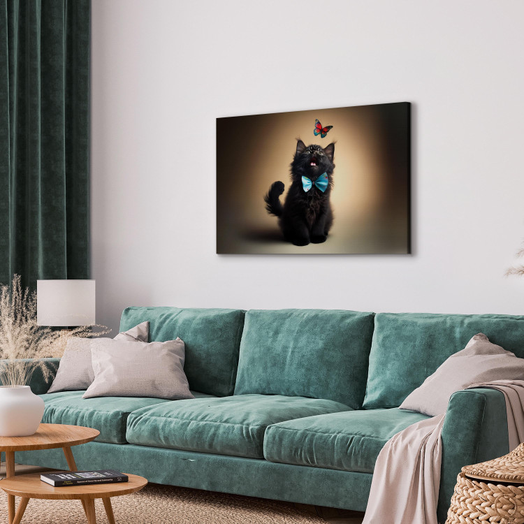 Canvas Print AI Cat - Animal in a Bow Tie Watching a Colorful Butterfly - Horizontal 150191 additionalImage 4
