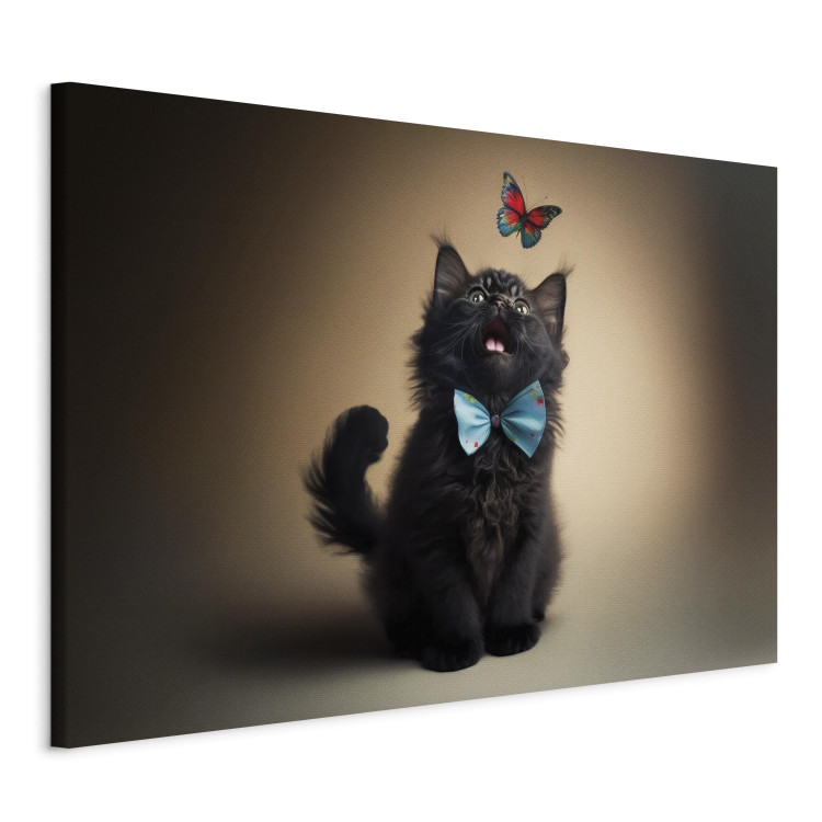 Canvas Print AI Cat - Animal in a Bow Tie Watching a Colorful Butterfly - Horizontal 150191 additionalImage 2