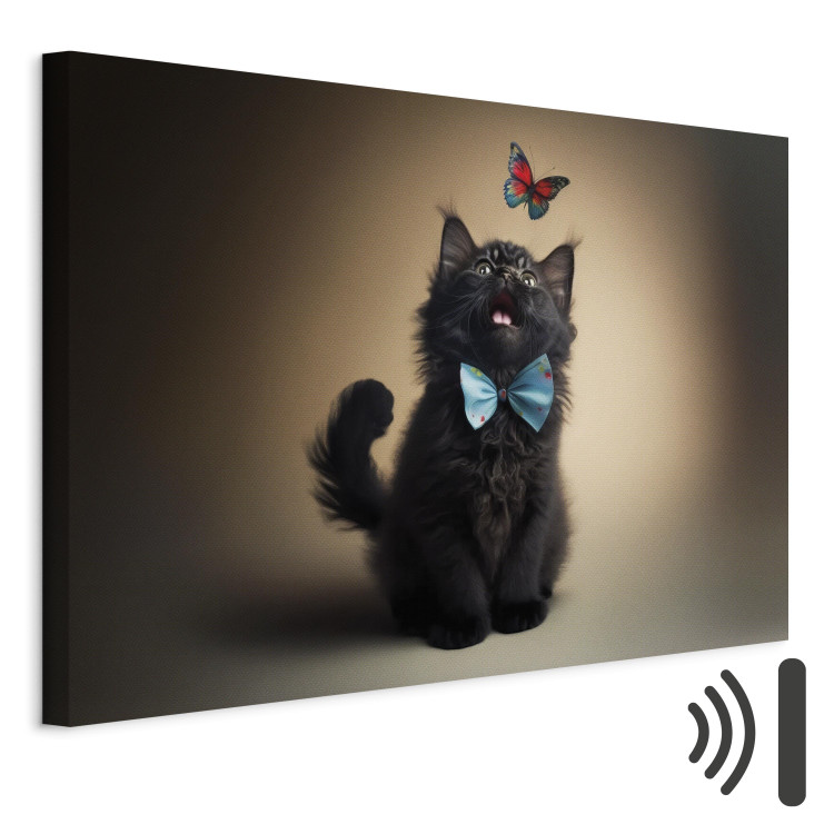 Canvas Print AI Cat - Animal in a Bow Tie Watching a Colorful Butterfly - Horizontal 150191 additionalImage 8