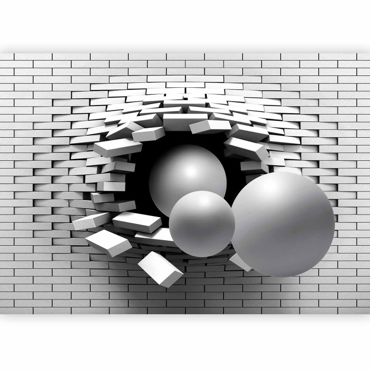 Photo Wallpaper Hole in the Wall - Broken white brick wall with a hole and gray spheres 61791 additionalImage 1