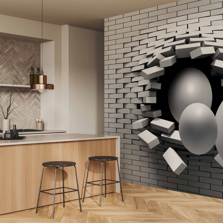 Photo Wallpaper Hole in the Wall - Broken white brick wall with a hole and gray spheres 61791 additionalImage 7