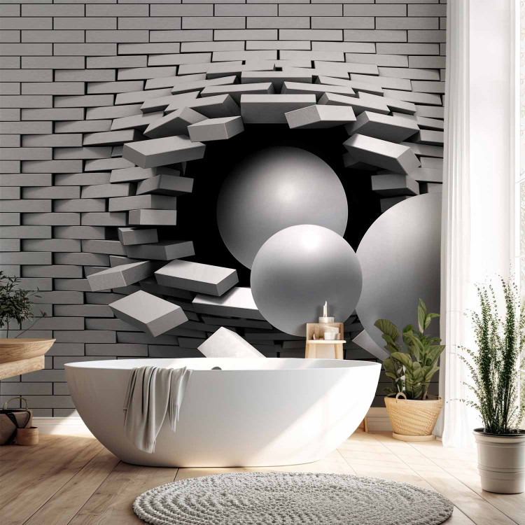 Photo Wallpaper Hole in the Wall - Broken white brick wall with a hole and gray spheres 61791 additionalImage 8