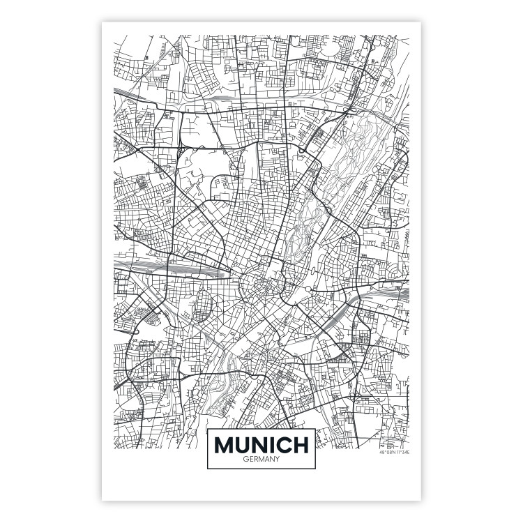 Wall Poster Munich Map - black and white map of the German city on a light background 114402