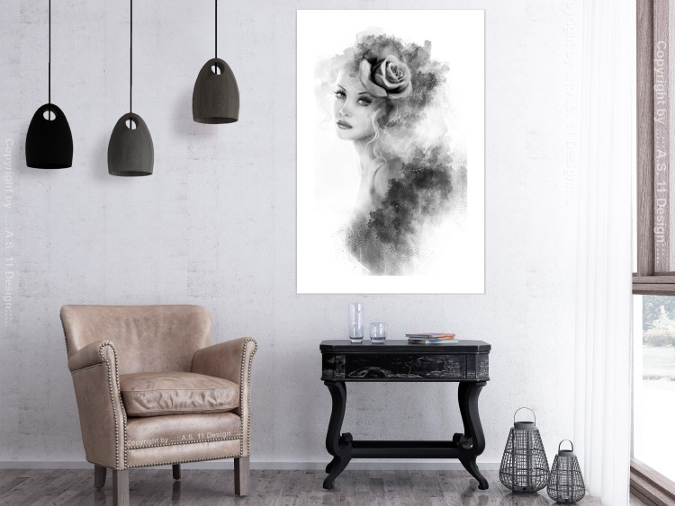 Wall Poster Watercolor portrait - black and white figure of a woman with a rose in her hair 115002 additionalImage 4